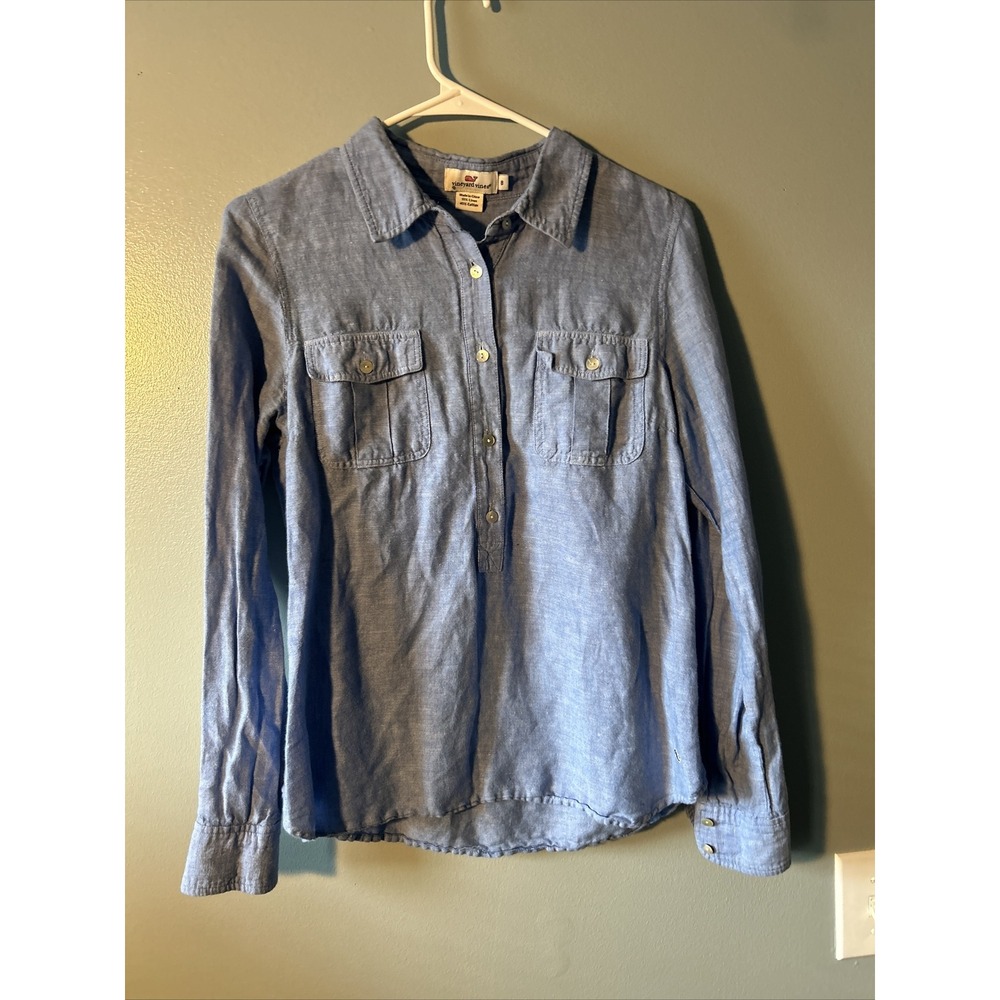 Vineyard Vines Popover Shirt Womens Blue Linen Blend Long Sleeve Size 8